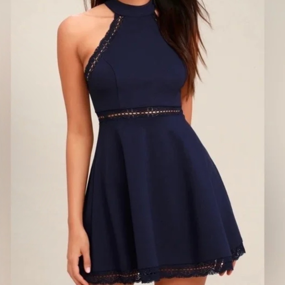Lulu’s Reach Out My Hand Navy Blue Lace Skater Dress